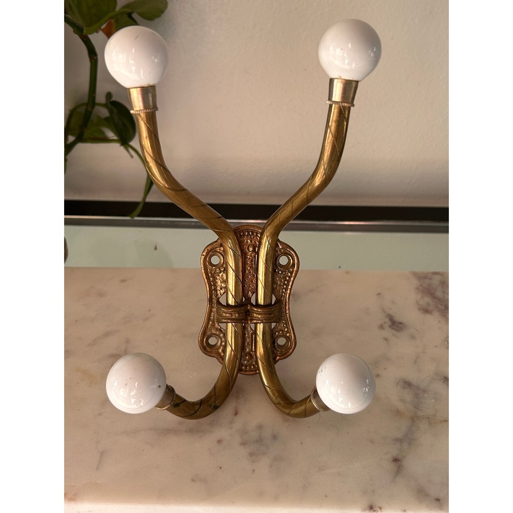 Vintage Brass Wall Hook 4 White Ceramic Ball Tips Hollywood Regency Hardware